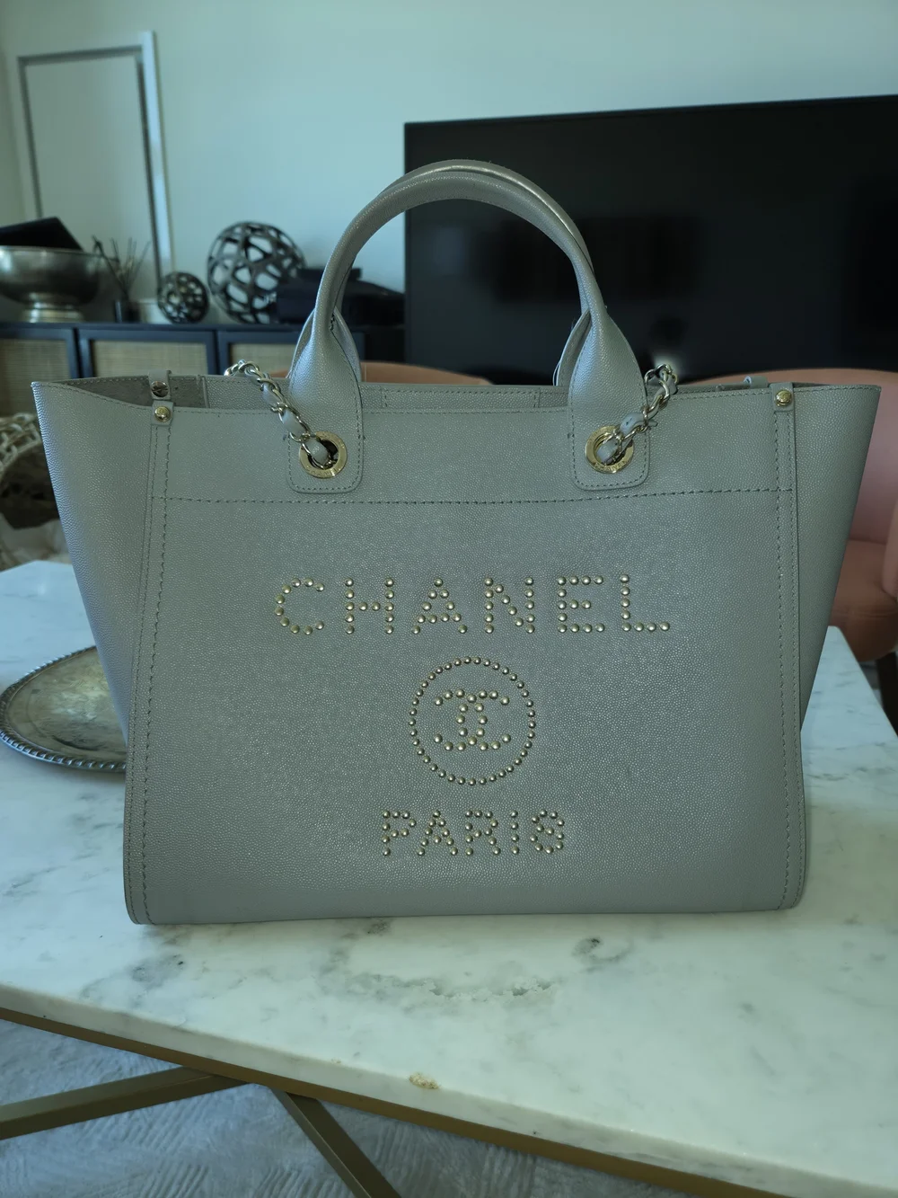 CHANEL gray studded